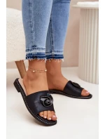 Dámské Pantofle Na Plochém Podpatku S Ozdobným Detalem KV51-007 Černé Dámské Pantofle Na Plochém Podpatku S Ozdobným Detalem KV51-007 Černé