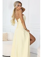 663-3 ELARA korzetové maxi šaty s rozparkem a zavazováním na zádech - máslově žluté