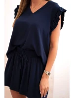 Dámská souprava z viskózy, blůza s volány a krátké šortky modré Dámská souprava z viskózy, blůza s volány a krátké šortky modré