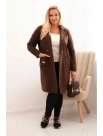Dámský elegantní kabát Plus Size s límcem a velkými kapsami hnědý