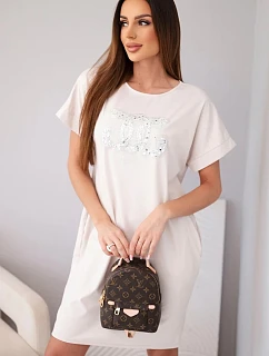 Dámské viskózové šaty s krátkým rukávem a ozdobným potiskem béžové