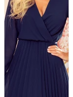 ISABELLE - Tmavě modré dámské plisované šaty s dekoltem a dlouhými rukávy 313-6