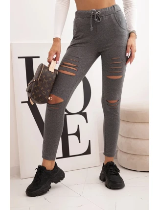 Dámské bavlněné kalhoty s oděvy a gumou v pase grafitové