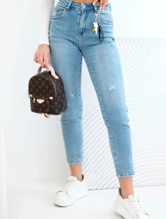 Dámské džíny mom fit s vysokým pasem a jemným obnošením modré