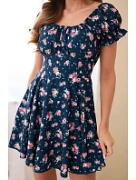 Dámské šaty s květinovým vzorem s nabíraným rukávem a elastickým pasem tmavě modré