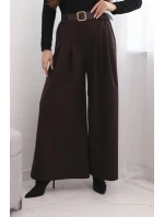 Dámské kalhoty s širokou nohavicí a páskem hnědé