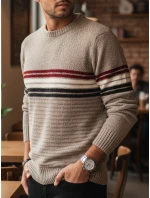 Pánský pruhovaný svetr světle hnědý FashionStreet WX2282 Pánský pruhovaný svetr světle hnědý FashionStreet WX2282