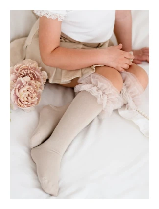 Bavlněné Dětské Podkolenky S Tylovým Krajkovým Lemem Béžové