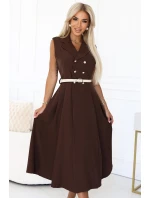 596-4 Elegantní midi košilka se zlatými knoflíky a páskem - CHOCOLATE