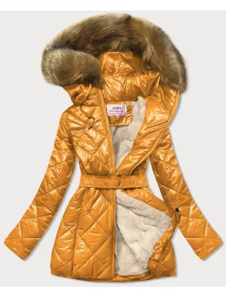 Žlutá lesklá zimní bunda s mechovitou kožešinou podšívkou (w756) Žlutá lesklá zimní bunda s mechovitou kožešinou podšívkou (w756)