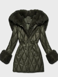 Bunda v khaki barvě s kožešinovou kapucí, která tvoří límec (T3-2635#-22)