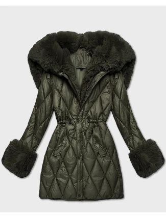 Bunda v khaki barvě s kožešinovou kapucí, která tvoří límec (T3-2635#-22) Bunda v khaki barvě s kožešinovou kapucí, která tvoří límec (T3-2635#-22)