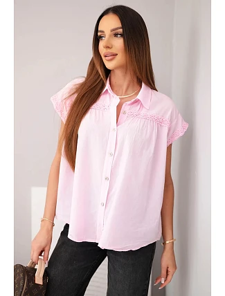 Dámská bavlněná košilová halenka s krajkou a krátkým rukávem bonbónově růžová Dámská bavlněná košilová halenka s krajkou a krátkým rukávem bonbónově růžová