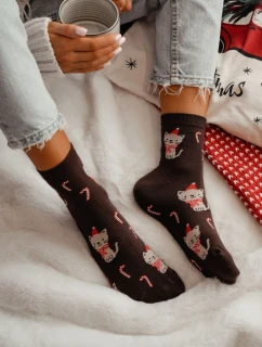 Dámské vánoční ponožky s kočičkami – čokoládové