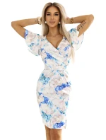 479-8 Šaty NINA s obálkovým výstřihem, rukávy a páskem - MODRÉ KVĚTY