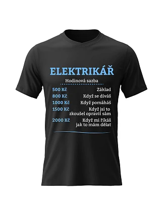Pánské bavlněné tričko s potiskem - HODINOVÁ SAZBA - ELEKTRIKÁŘ - černé