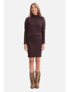 B309 Žebrový úplet blůzových šatů - tmavá čokoláda