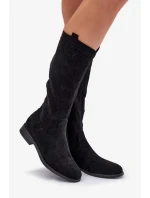 Dámské kozačky s perforovanou holení na nízkém podpatku S.Barski – černé, eko kůže Dámské kozačky s perforovanou holení na nízkém podpatku S.Barski – černé, eko kůže