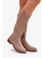 Dámské kozačky na nízkém podpatku s perforovaným vzorem S.Barski – béžové, eko kůže