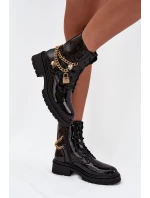 Lakované Botky Worker Damské Se Zlatým Řetízkem Zateplené Černé Sarinae