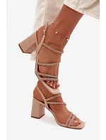 Dámské sandály na podpatku s pásky a kamínky Béžové Brelia