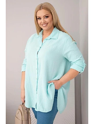 Bavlněná mušelínová košile Plus Size 65622 mátová - Kesi Bavlněná mušelínová košile Plus Size 65622 mátová - Kesi