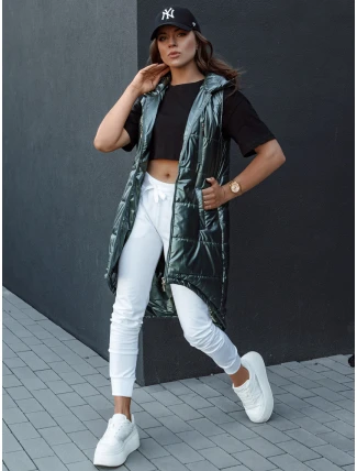 Dámská prošívaná vesta s kapucí dlouhá MERIS tmavě zelená FashionStreet TY4425