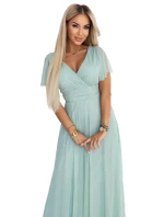 635-8 MELANIA dlouhé třpytivé šaty s výstřihem a krátkými rukávy - pistáciová barva