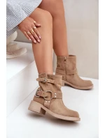 Semišové dámské kotníkové boty na nízkém blokovém podpatku s pásky Zazoo 3644 béžové