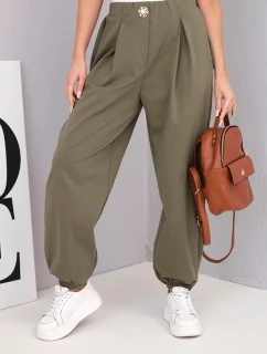 Dámské bavlněné kalhoty s vysokým pasem a ozdobným knoflíkem khaki