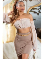 616-1 Přiléhavá sukně s vysokým pasem a páskem - barva cappuccino