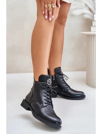 Zateplené Kotníkové Boty Na Ploché Podpatku S Ozdobou Černé Leonise Zateplené Kotníkové Boty Na Ploché Podpatku S Ozdobou Černé Leonise