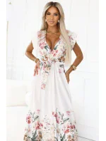 609-1 Saténové maxi šaty s výstřihem a květinovým ombre - elegance v boho stylu