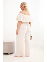 Dámská kombinéza Plus Size s bardot výstřihem, volánem a širokými nohavicemi béžový