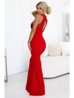 617-3 Dlouhé šaty ve tvaru mořské panny s černou krajkou a síťovinou - ČERVENÉ 617-3 Dlouhé šaty ve tvaru mořské panny s černou krajkou a síťovinou - ČERVENÉ