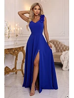 643-8 Elegantní večerní maxi šaty s rozparkem a růžemi – chrpa
