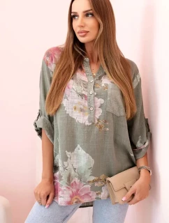 Dámská blůza z bavlny s květinovým vzorem a knoflíky khaki
