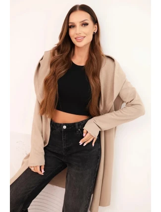 Dámský kabát z bavlny s kapucí a prodlouženým předním dílem béžová