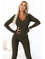 619-2 Pohodlný a elegantní dámský žebrovaný overal s výstřihem - khaki barva 619-2 Pohodlný a elegantní dámský žebrovaný overal s výstřihem - khaki barva