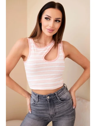Dámský pruhovaný žebrovaný top bez rukávů s výstřihem pudrově růžová