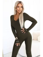 619-2 Pohodlný a elegantní dámský žebrovaný overal s výstřihem - khaki barva 619-2 Pohodlný a elegantní dámský žebrovaný overal s výstřihem - khaki barva