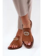 Elegantní Dámské Kožené Pantofle S Dekorací Zazoo 3008 Camel