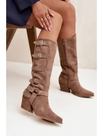 Dámské kozačky kovbojského stylu na podpatku s přezkami Fivelle – tmavě béžové