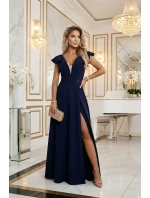660-1 Elegantní maxi šaty s volánky, hlubokým výstřihem a rozparkem na nohou - tmavě modré