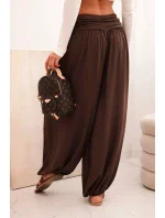Dámské viskózové kalhoty s širokými nohavicemi a volánky hnědý