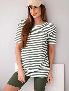 Dámský viskózový pruhovaný komplet s krátkým rukávem a kraťasy khaki