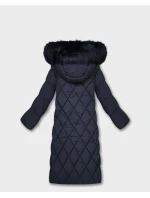 Tmavě modrá dlouhá dámská zimní bunda s kapucí (7688)