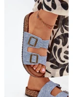 Dámské pantofle na korkové platformě s přezkami – světlý denim