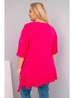 Dámská blůza Plus Size s bavlnou a volánem a ohrnovacími rukávy fuchsie