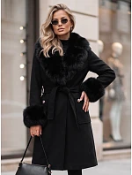Dámský kabát s odnímatelným kožešinovým límcem, černý, FashionStreet TY6074 Dámský kabát s odnímatelným kožešinovým límcem, černý, FashionStreet TY6074